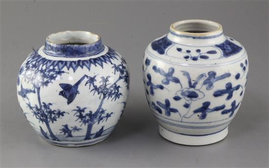 Two Chinese Ming blue and white jars, Wanli to Chongzheng period height 12.5 and 13.5cm